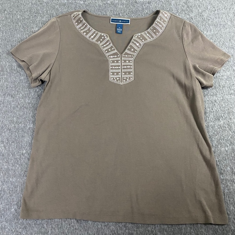 Karen Scott Womens XL Taupe Brown Cotton Rhinestone Split Neck Short Sleeve Top - Picture 2 of 8
